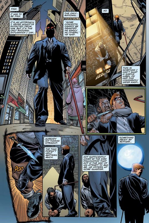 Page du comics Daredevil sous l'aile du diable dans laquelle Matt Murdock est en pleine réflexion dans la rue et se fait agresser avant de mettre l'agresseur à terre.
