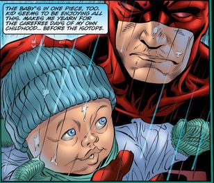 Page issue du comics Daredevil sous l'aile du diable dans laquelleDaredevil tient un bébé dans les bras