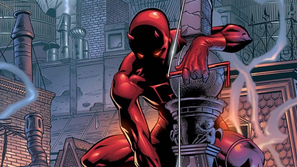 Image de Daredevil issues d'une couverture d'un épisode du comics Daredevil sous l'Aile du Diable sur laquelle Daredevil est posée sur une statut du toit d'une église pour trouver des crimes à arrêter.