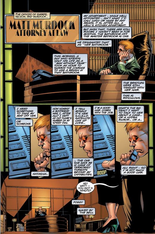 Page du comics Daredevil sous l'aile du diable dans laquelle Matt Murdock est en pleine réflexion et est en plein monologue à son bureau.