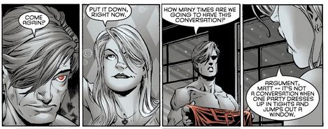 Page issue du comics Daredevil sous l'aile du diable dans laquelle sont retracé un flashback de Matt Murdock et Karen Page