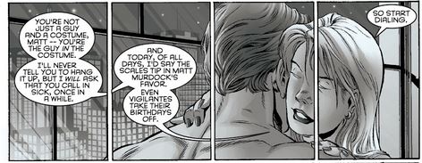 Page issue du comics Daredevil sous l'aile du diable dans laquelle sont retracé un flashback de Matt Murdock et Karen Page