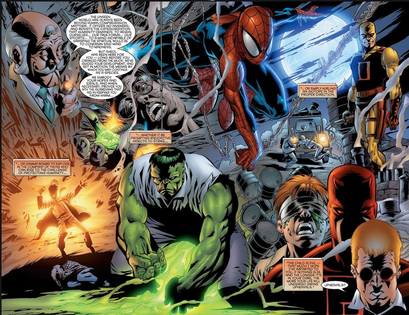 Page issue du comics Daredevil sous l'aile du diable dans laquelle les origines de Daredevil, de Spider-man et de Hulk.