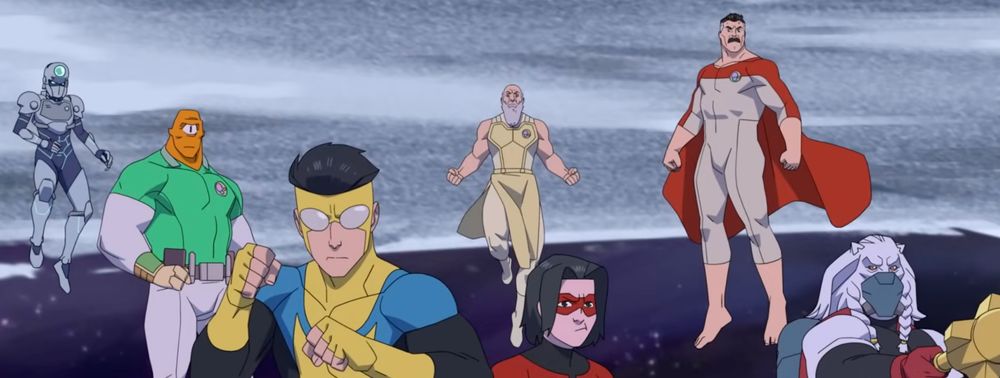 Image issue de Invincible saison 4 mettant en scène Mark, Nolan, oliver, Allen, Battle Beast, Thaedus ainsi que tech jacket