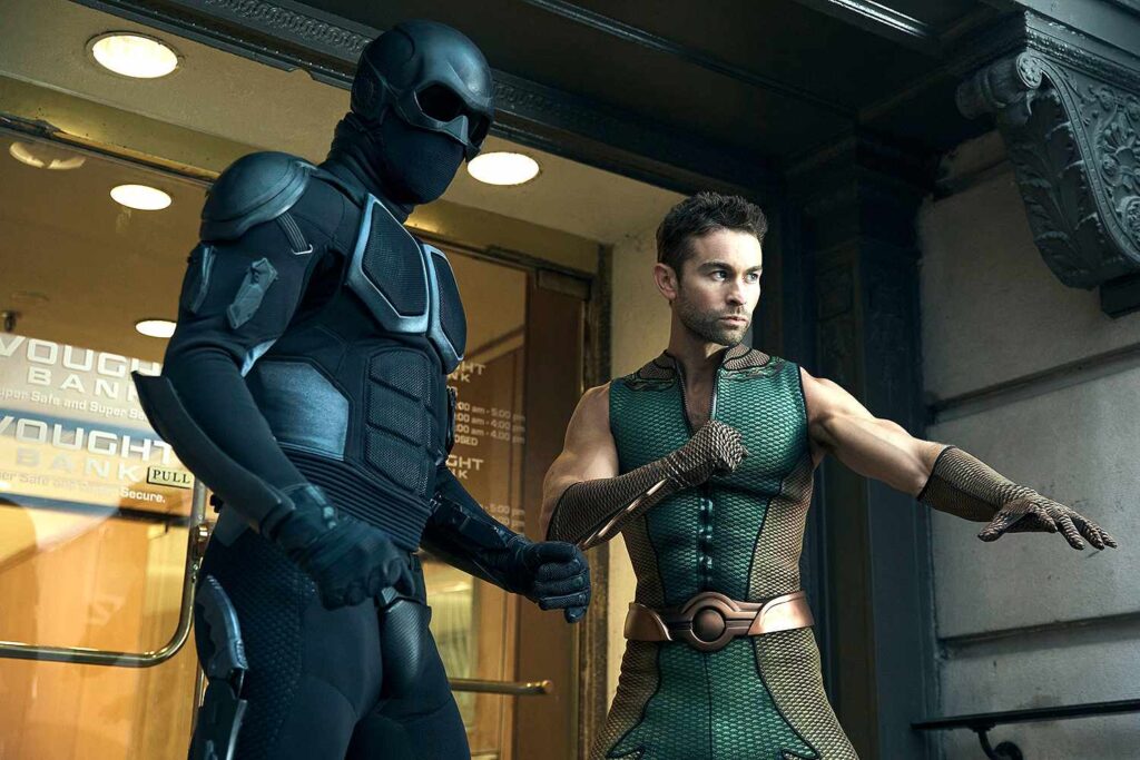 image issue de la série The Boys saison 5 mettant en scène les personnages de The Deep et Black Noir