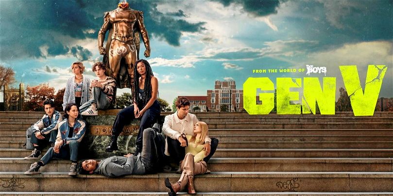 Affiche promotionelle de Gen V. Série issue du Vought Cinematic Universe