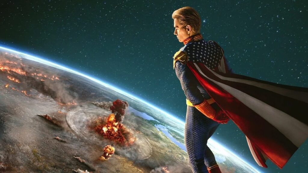 Affiche de la série The Boys saison 5 mettant en scène le personnage de Homelander