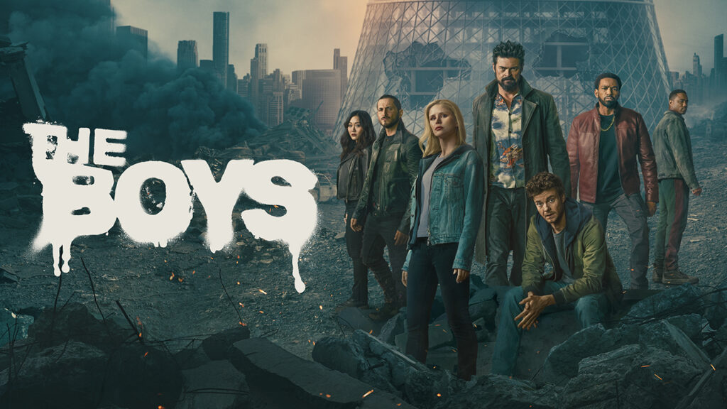 Affiche promotionelle de The Boys. Série issue du Vought Cinematic Universe